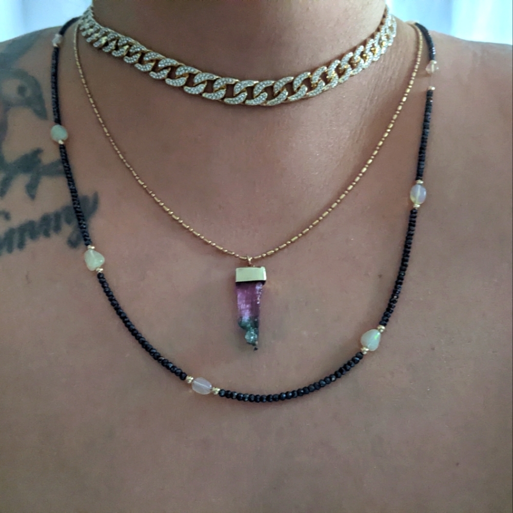 14k Yellow Gold Opal and Black Spinel Gemstone Station Necklace 35.5"